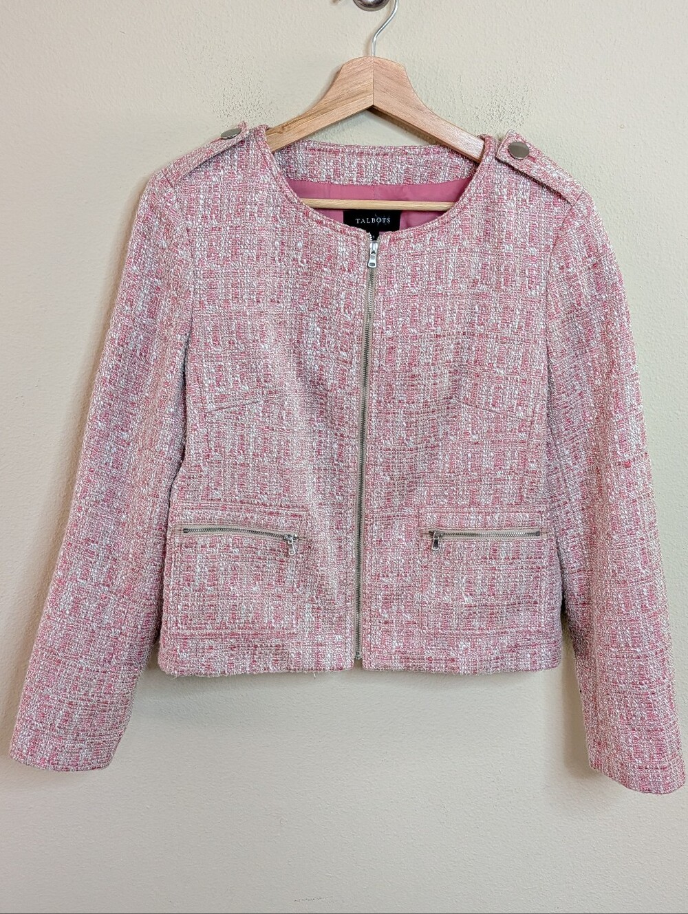 Talbots Pink Tweed Zip Front Jacket Size 8